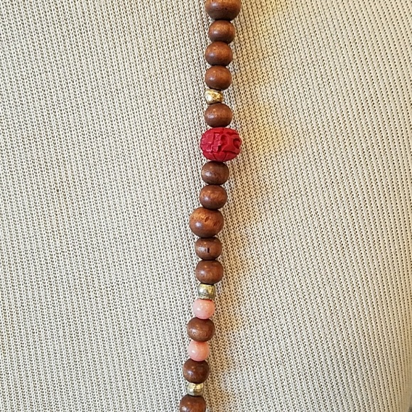 SALE **Wood w/ red & orange Coral beaded necklace - Picture 3 of 5